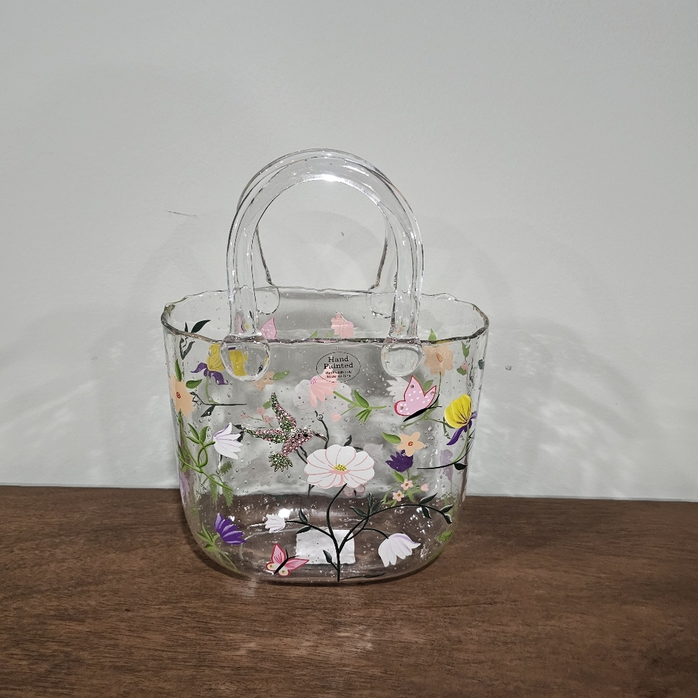 Hand Painted Clear Glass Vase Floral & Humming Bird Design With Handles Glossy